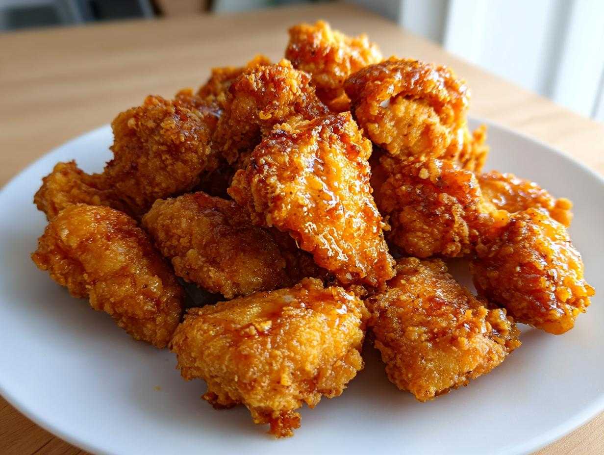 A pile of golden brown, glazed Crispy Honey Butter Chicken Bites served on a white plate.