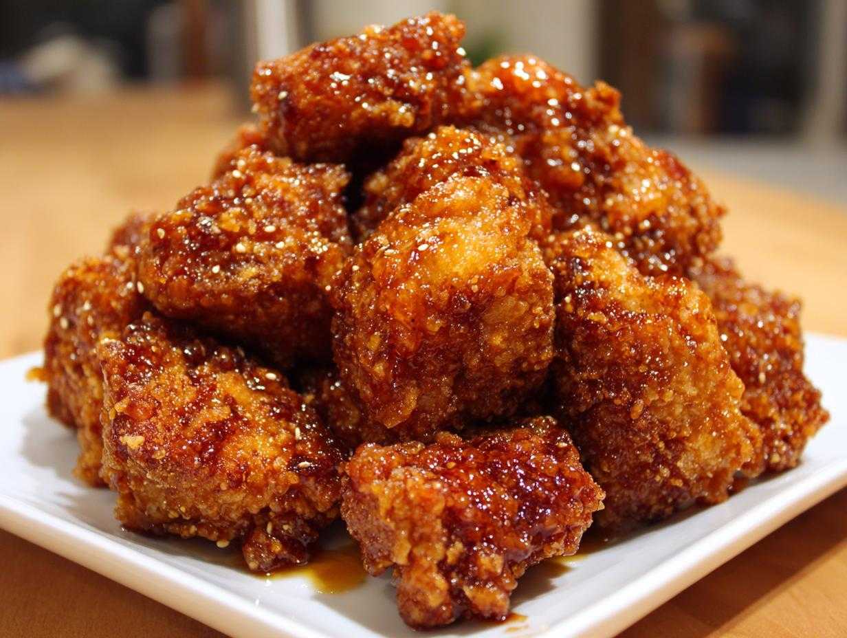 A close-up of a mound of Crispy Honey Butter Chicken Bites, coated in a thick, shiny glaze and sprinkled with sesame seeds.