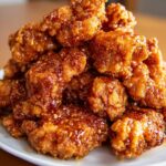 A close-up mound of Crispy Honey Butter Chicken Bites, coated in a shiny, golden-brown glaze.