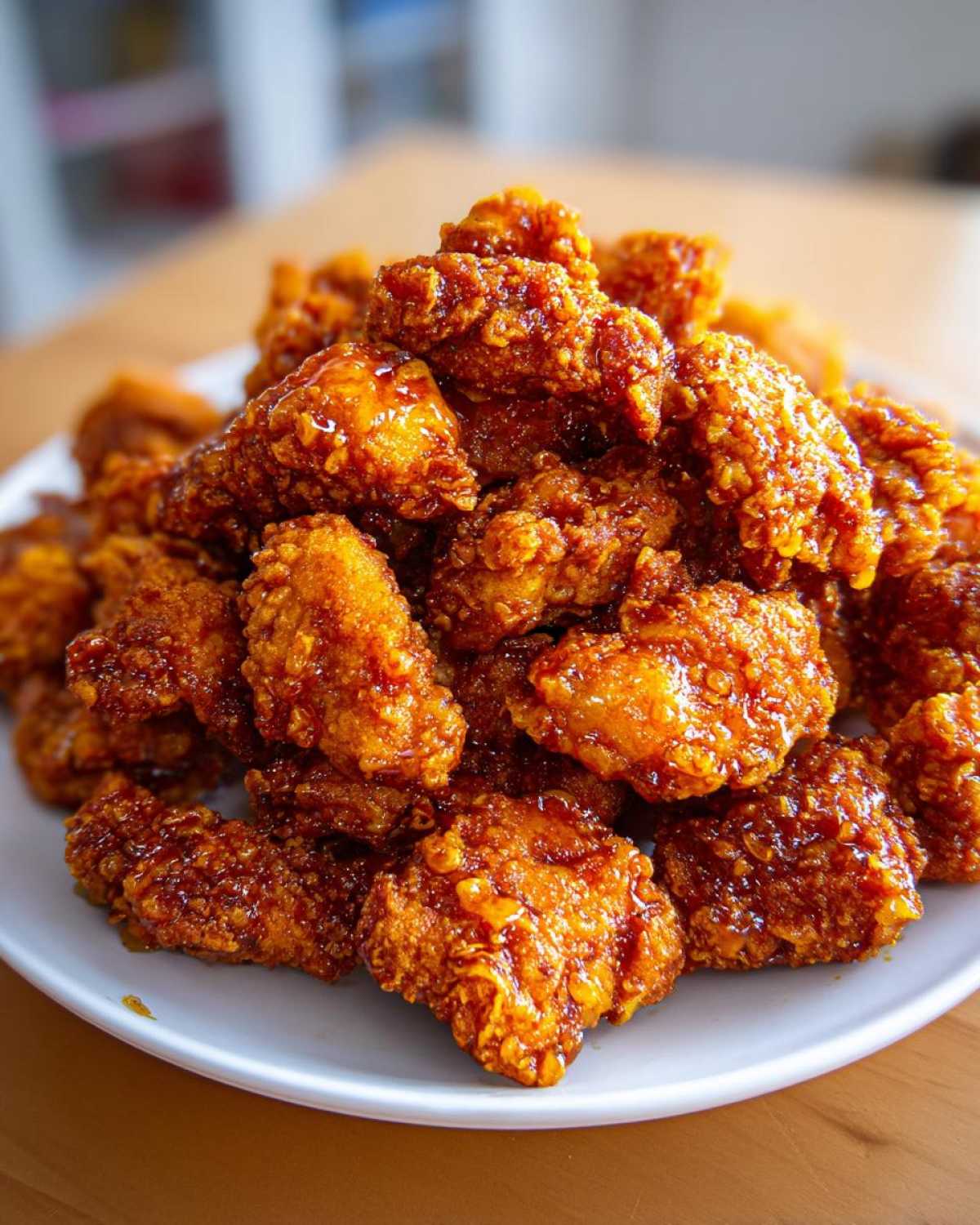 A large mound of golden brown, glazed Crispy Honey Butter Chicken Bites piled high on a white plate.