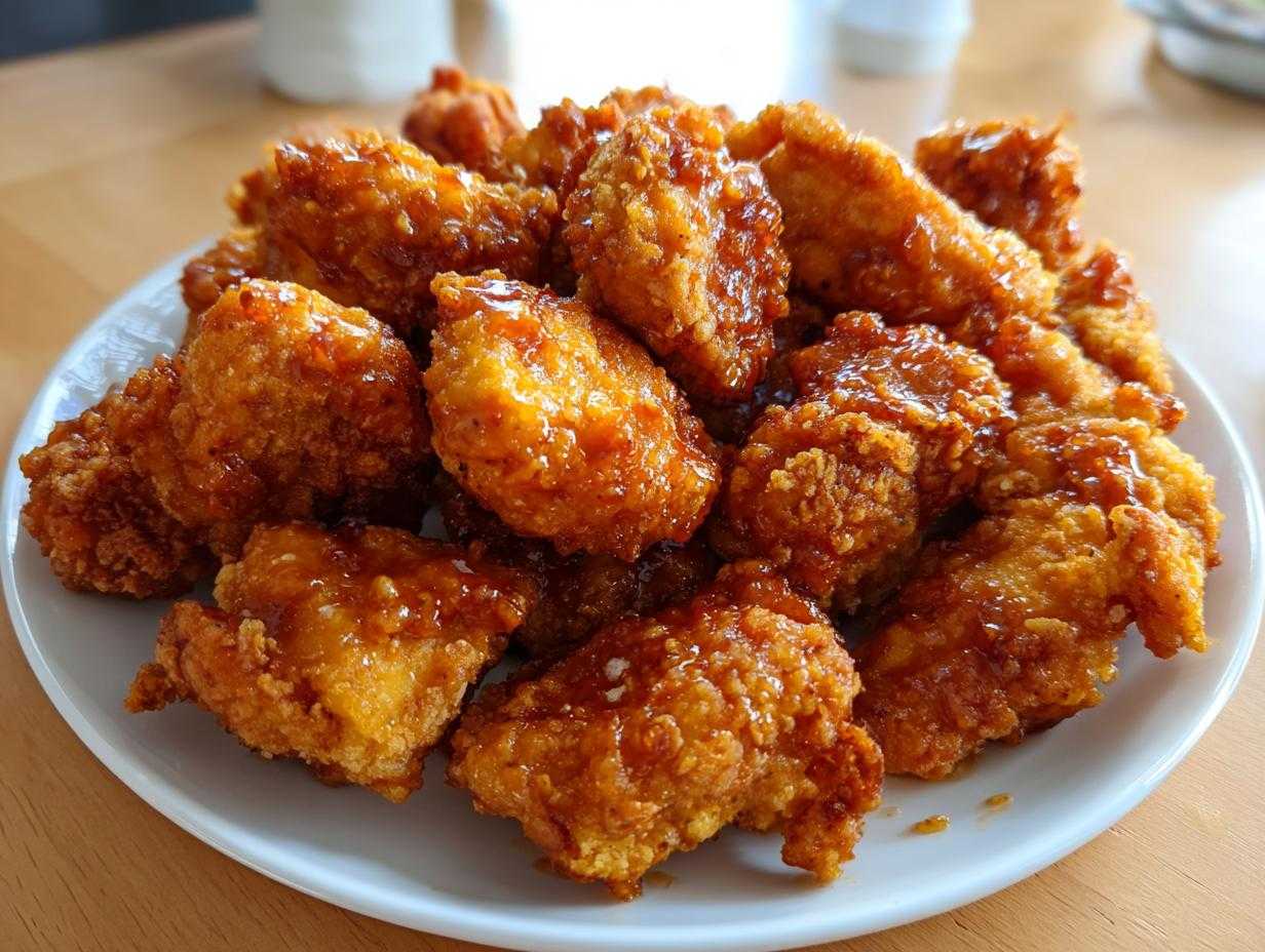 A white plate piled high with golden, crispy Honey Butter Chicken Bites coated in a shiny glaze.