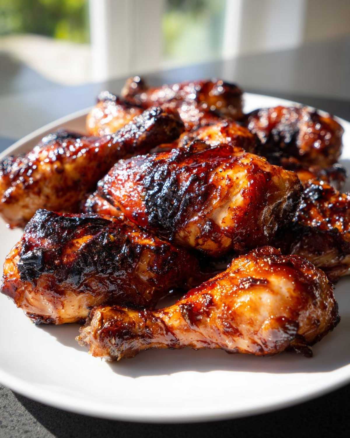 A pile of glossy, caramelized Crispy Honey Garlic Chicken Drumsticks Oven Baked on a white plate.