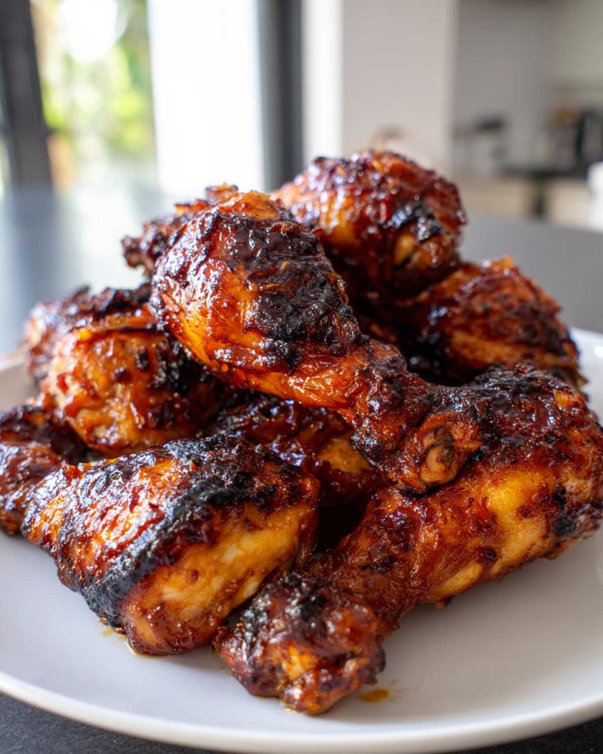 A close-up stack of oven-baked Crispy Honey Garlic Chicken Drumsticks with a dark, caramelized glaze.