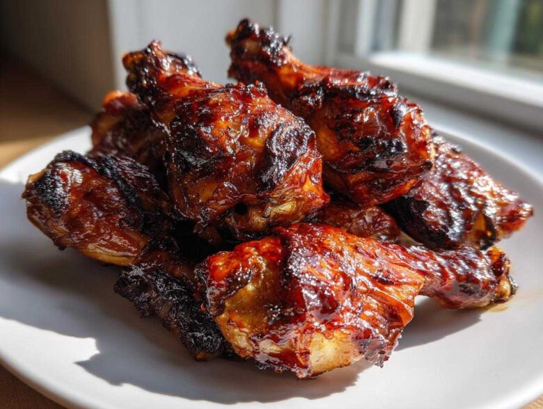 A pile of oven baked Crispy Honey Garlic Chicken Drumsticks with a shiny, caramelized glaze.