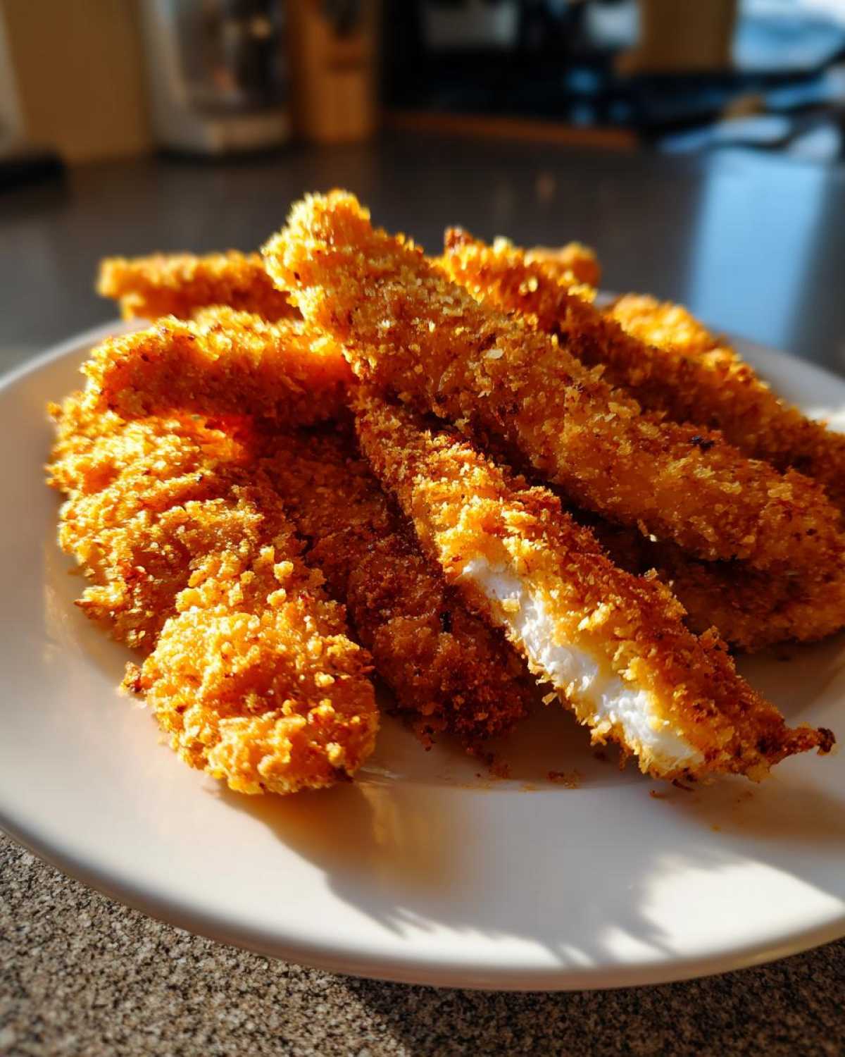 Close-up of golden brown Crispy Oven Baked Chicken Tenders Extra Juicy piled on a white plate, one is broken open showing white meat.
