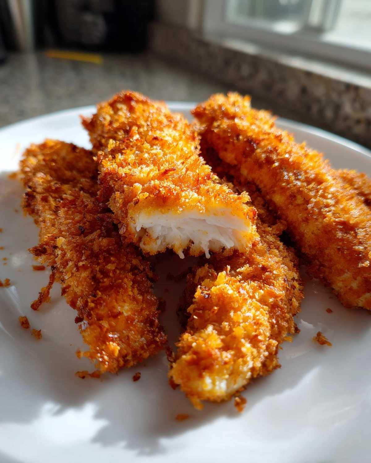 Close-up of golden brown Crispy Oven Baked Chicken Tenders, one broken open revealing the juicy white meat inside.