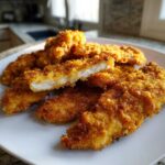 Close-up of golden brown Crispy Oven Baked Chicken Tenders on a white plate, one piece cut to show the juicy white interior.