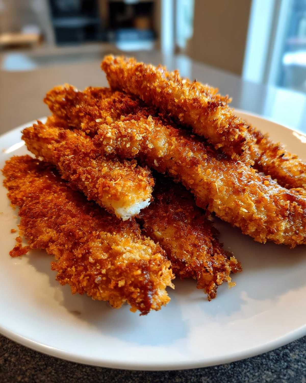 A pile of golden brown, crispy oven baked chicken tenders extra juicy, served on a white plate.