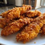 A pile of golden brown, crispy oven baked chicken tenders extra juicy served on a white plate.