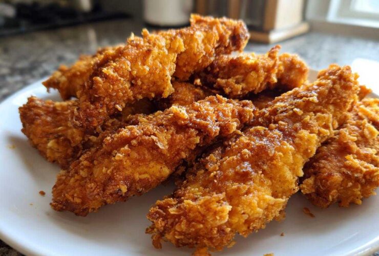 A pile of golden brown, crispy oven baked chicken tenders extra juicy served on a white plate.