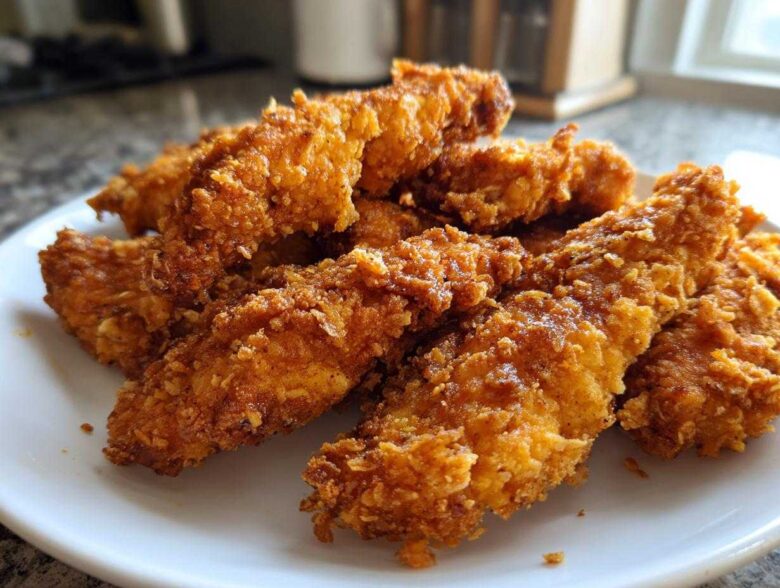 A pile of golden brown, crispy oven baked chicken tenders extra juicy served on a white plate.