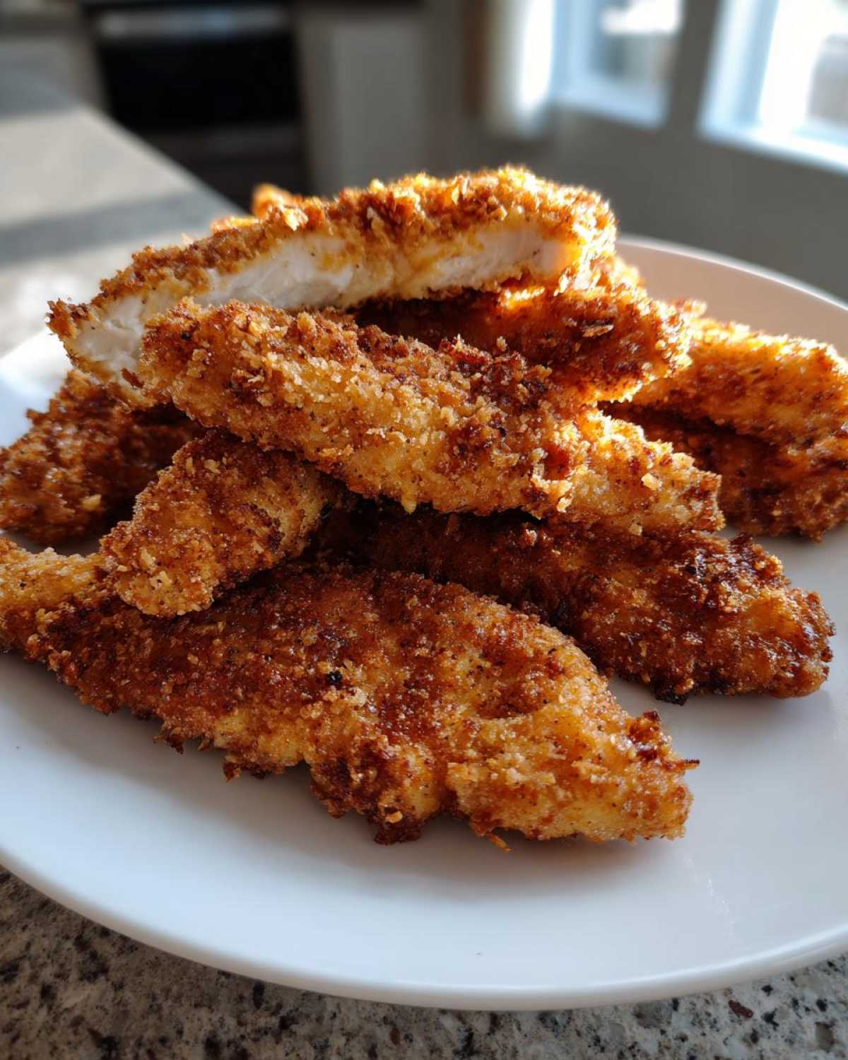 A pile of golden brown Crispy Oven Baked Chicken Tenders Extra Juicy on a white plate, one is broken open showing white meat.