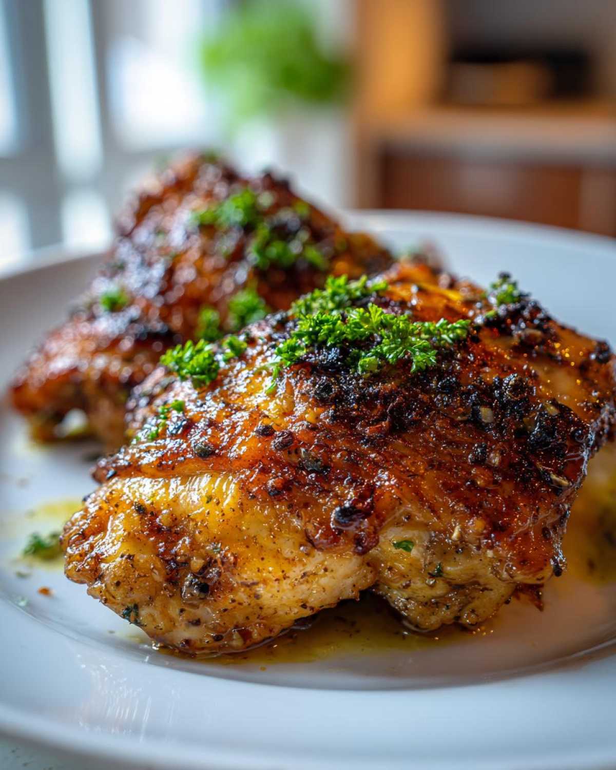 Close-up of two perfectly cooked Garlic Butter Chicken Thighs with crispy, browned skin and fresh parsley garnish.