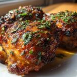 Three pieces of perfectly cooked Garlic Butter Chicken Thighs with crispy, glazed skin topped with fresh parsley.