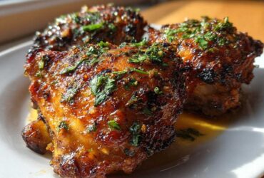 Three pieces of perfectly cooked Garlic Butter Chicken Thighs with crispy, glazed skin topped with fresh parsley.