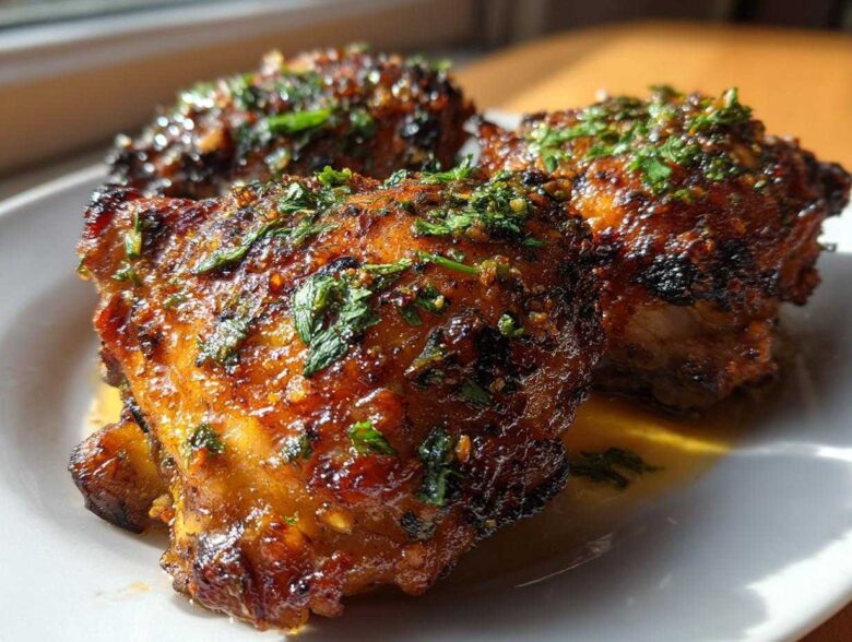 Three pieces of perfectly cooked Garlic Butter Chicken Thighs with crispy, glazed skin topped with fresh parsley.