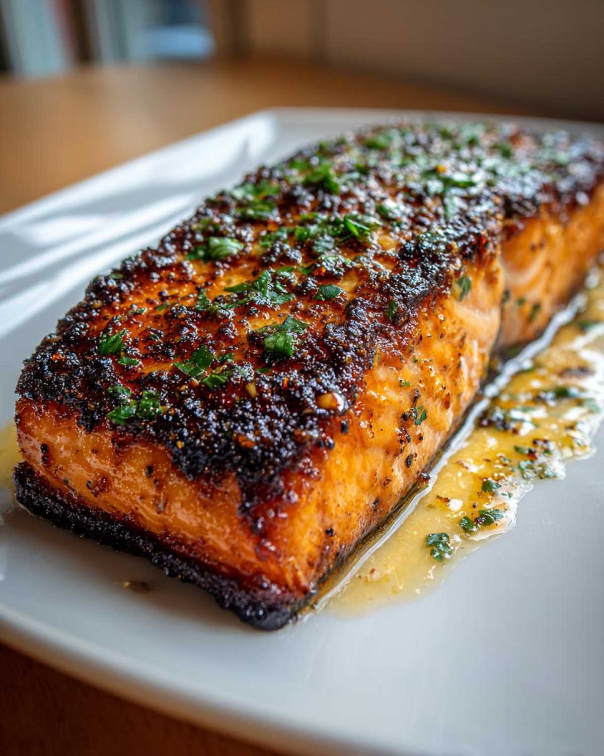 Close-up of a perfectly cooked Garlic Butter Salmon with crispy, seasoned skin and fresh parsley.