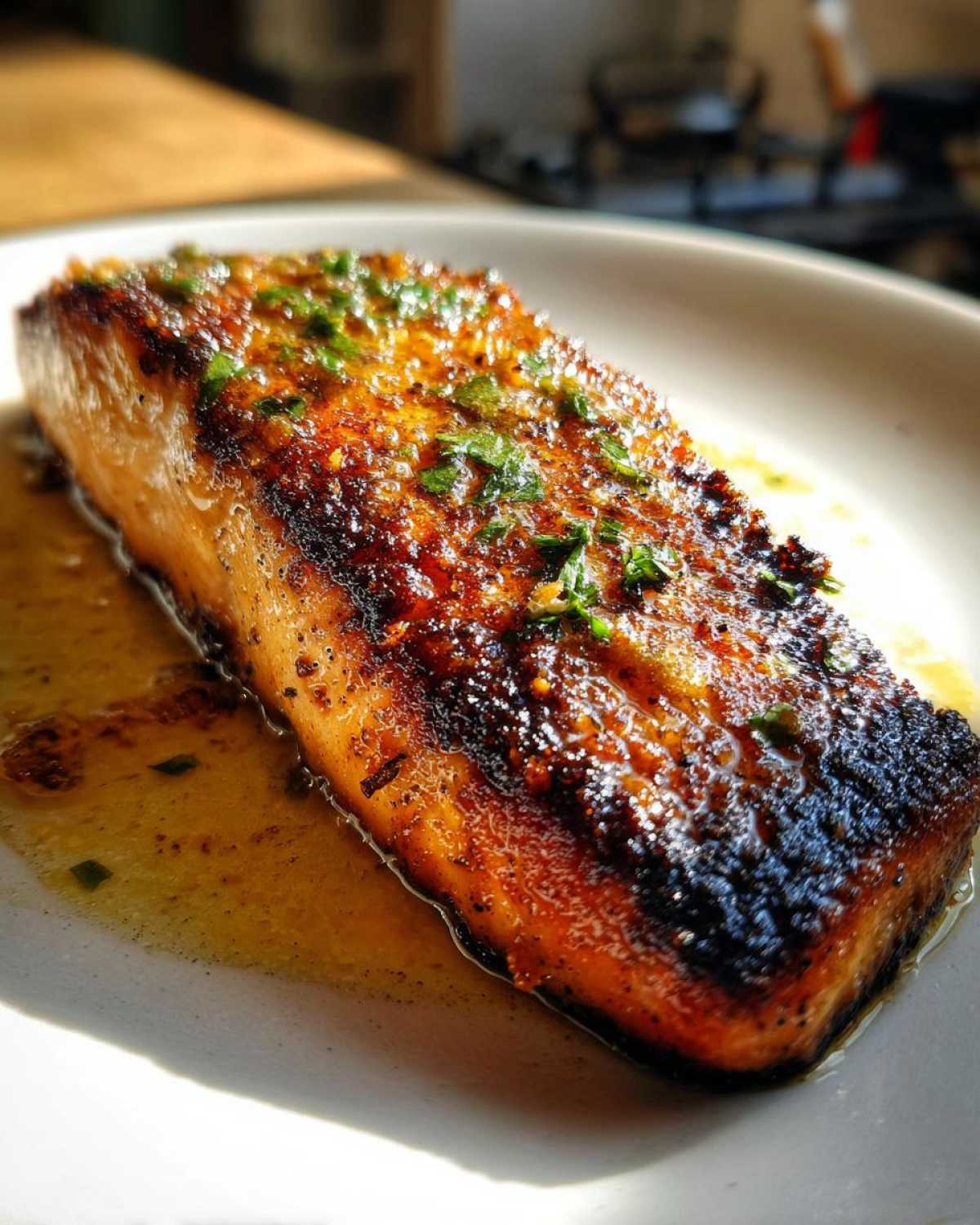 Close-up of a perfectly cooked Garlic Butter Salmon with crispy, browned skin, glistening with butter and topped with herbs.