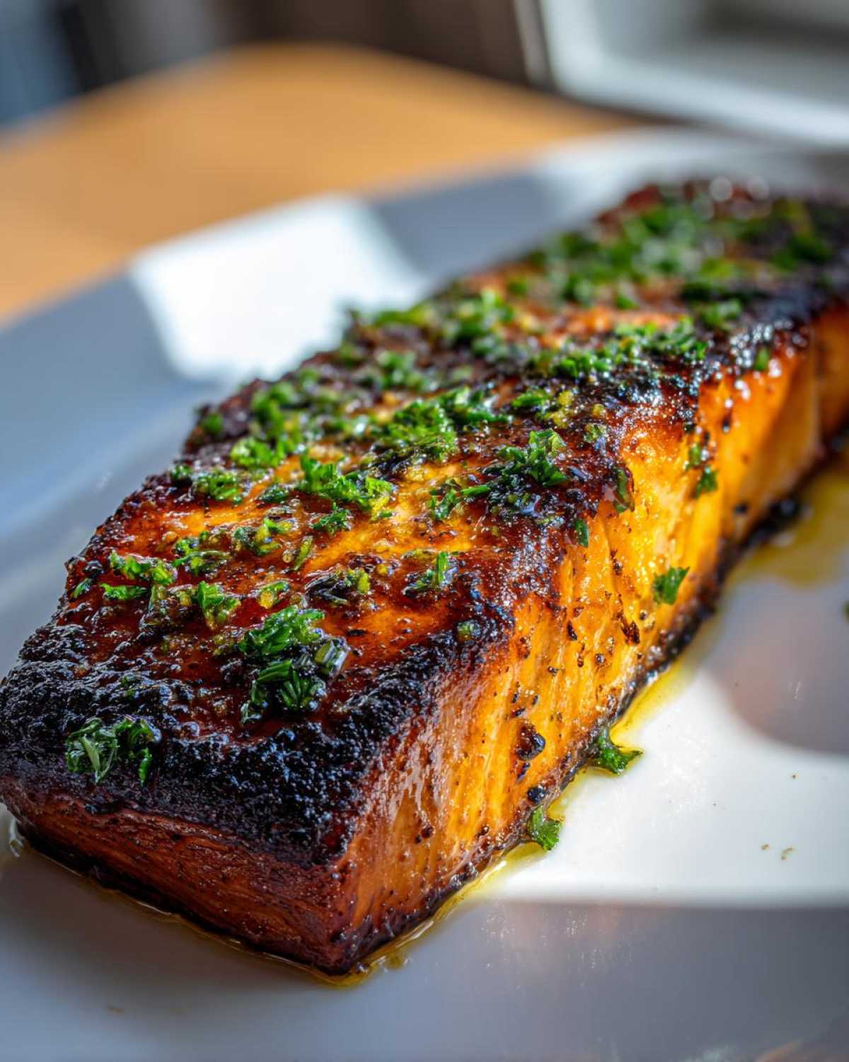 A perfectly cooked fillet of Garlic Butter Salmon with crispy, dark skin and a bright herb topping.