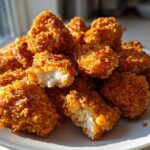 A plate piled high with golden brown, extra crunchy homemade Crispy Chicken Nuggets, one nugget broken open showing white meat.