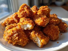 A plate piled high with golden brown, extra crunchy homemade Crispy Chicken Nuggets, one nugget broken open showing white meat.