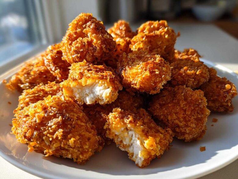 A plate piled high with golden brown, extra crunchy homemade Crispy Chicken Nuggets, one nugget broken open showing white meat.