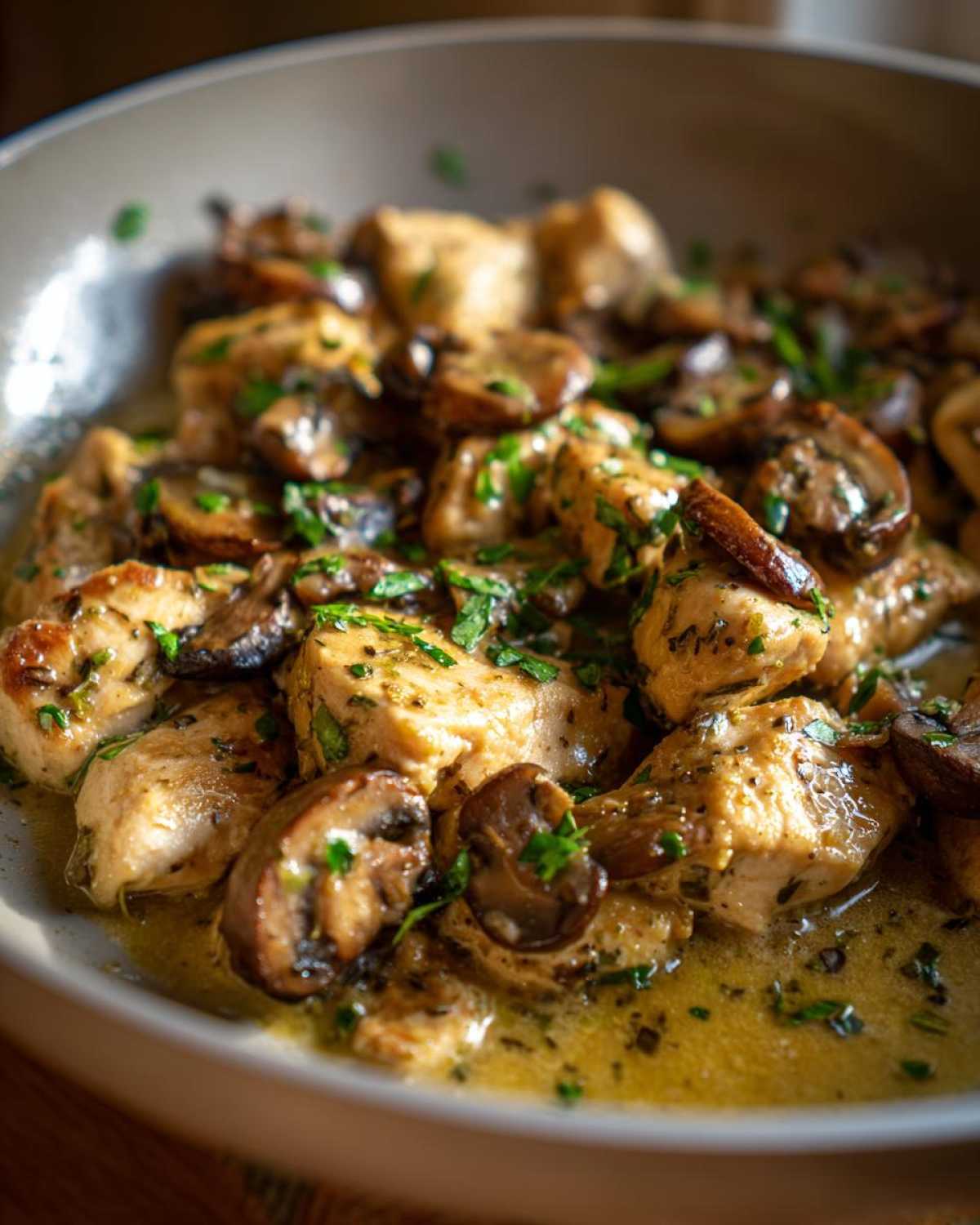 Close-up of tender chicken pieces and sliced mushrooms coated in rich garlic butter sauce, garnished with parsley.