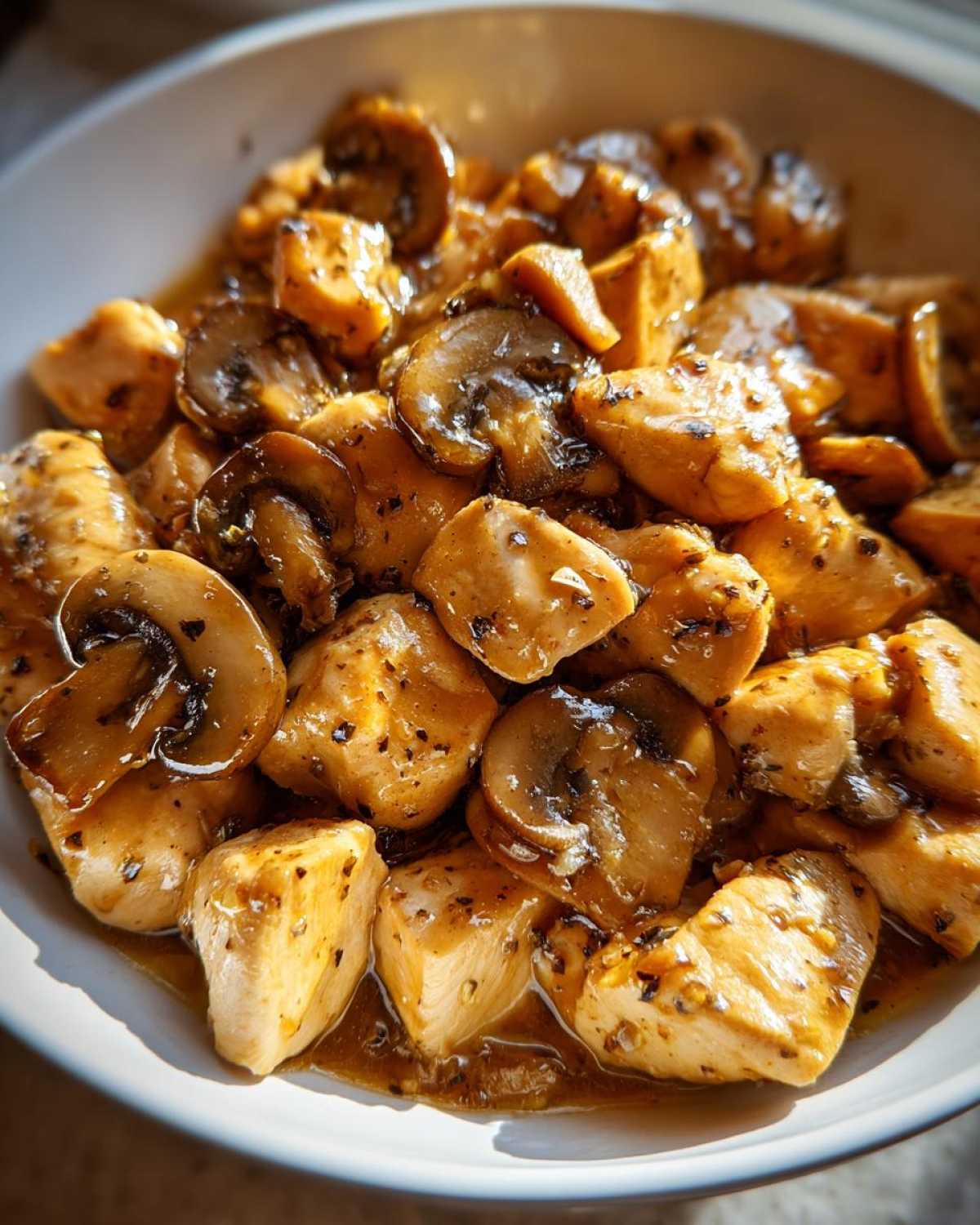 Close-up of tender chicken pieces and sliced mushrooms coated in a rich garlic butter sauce from the Garlic Butter Chicken and Mushroom Skillet Dinner.