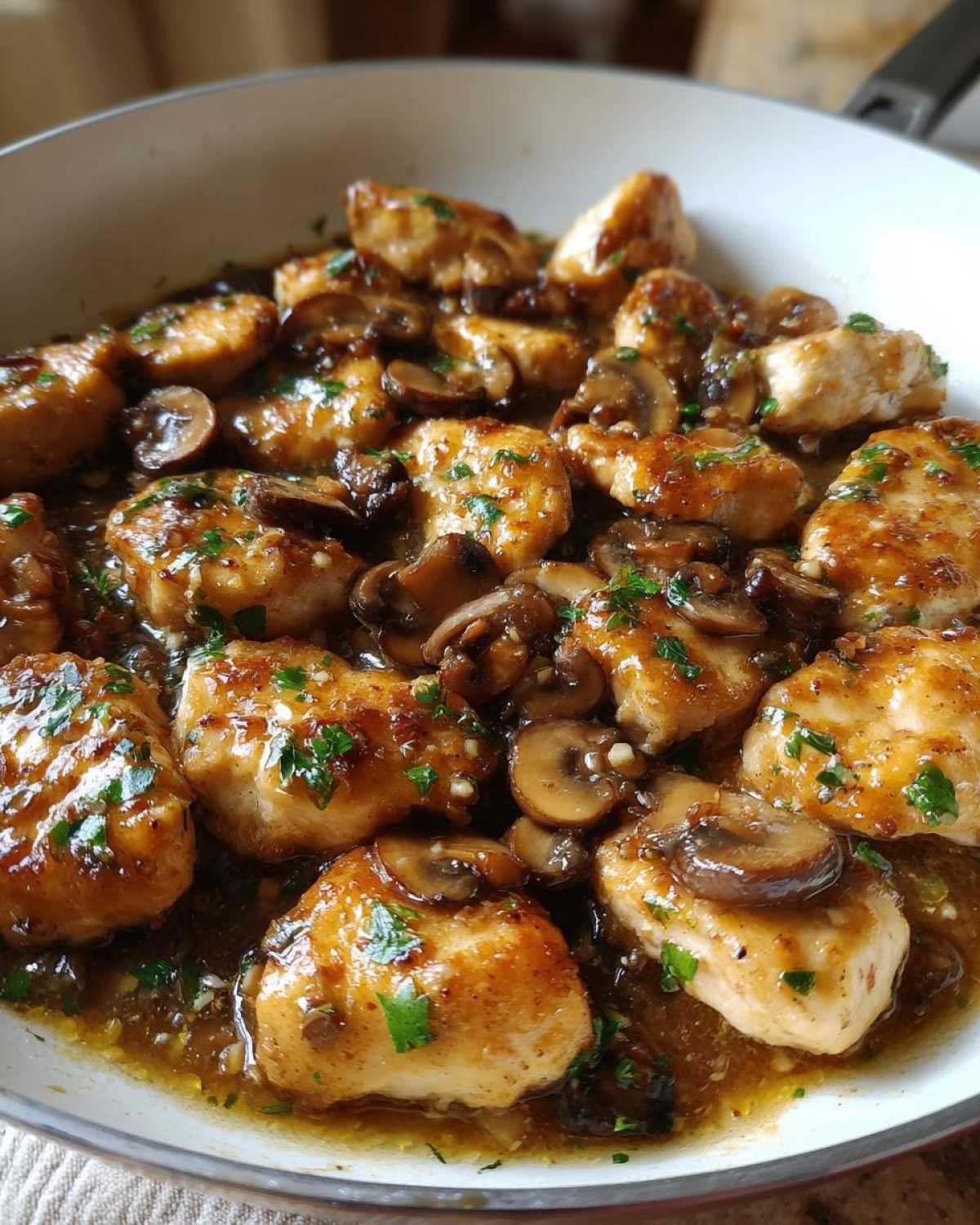 Close-up of golden brown chicken pieces and sliced mushrooms coated in a glossy garlic butter sauce, garnished with parsley.