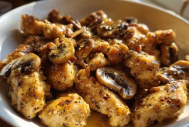 Close-up of tender pieces of Garlic Butter Chicken and Mushroom Skillet Dinner coated in a rich, herby garlic butter sauce.