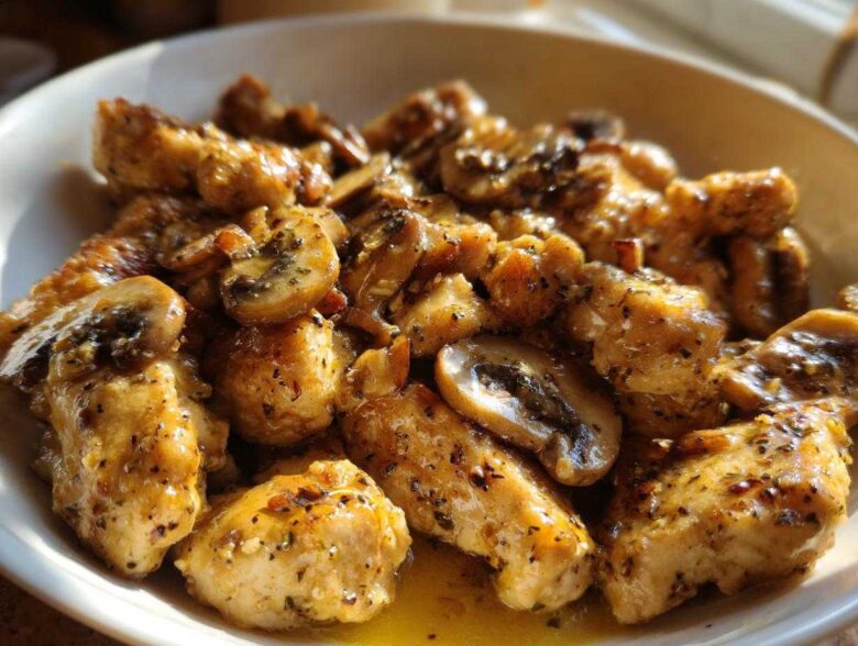 Close-up of tender pieces of Garlic Butter Chicken and Mushroom Skillet Dinner coated in a rich, herby garlic butter sauce.