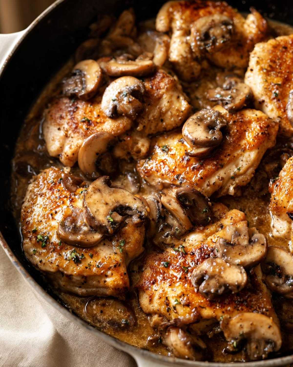 Close-up of seared chicken thighs covered in a rich garlic butter sauce with sliced mushrooms in a skillet.