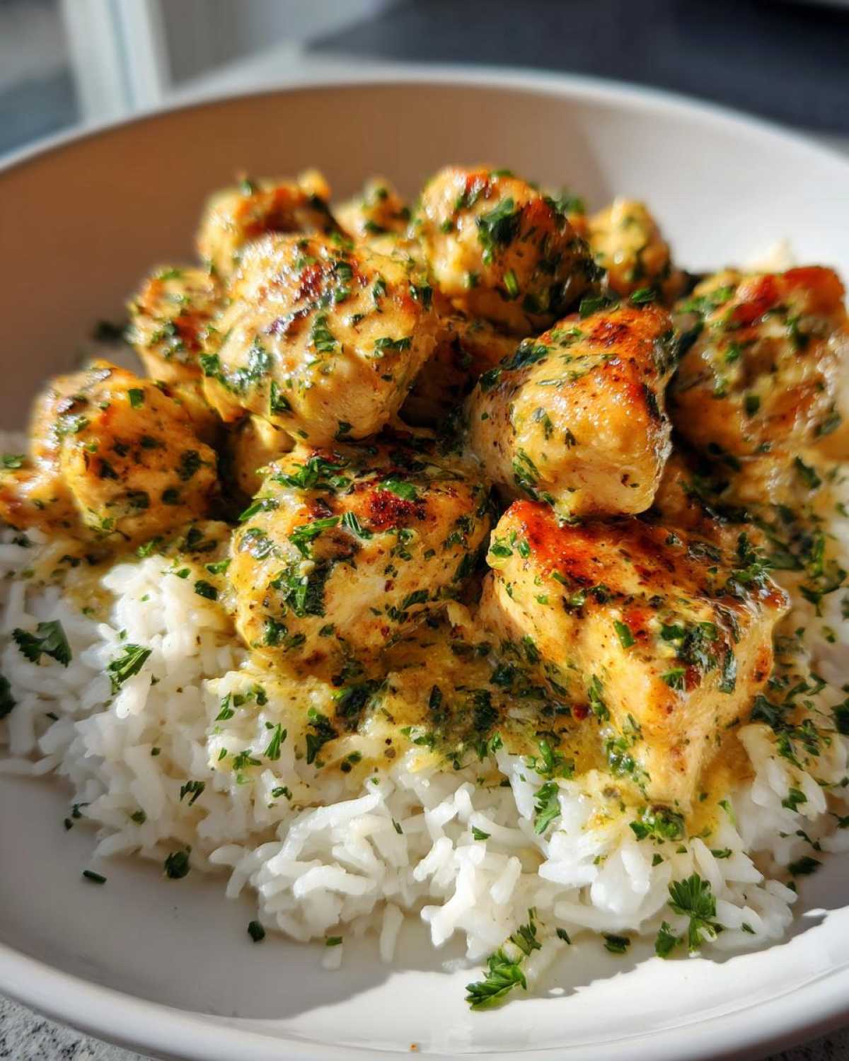 Close-up of golden Garlic Butter Chicken Bites generously coated in sauce and parsley, served over a bed of fluffy white rice.