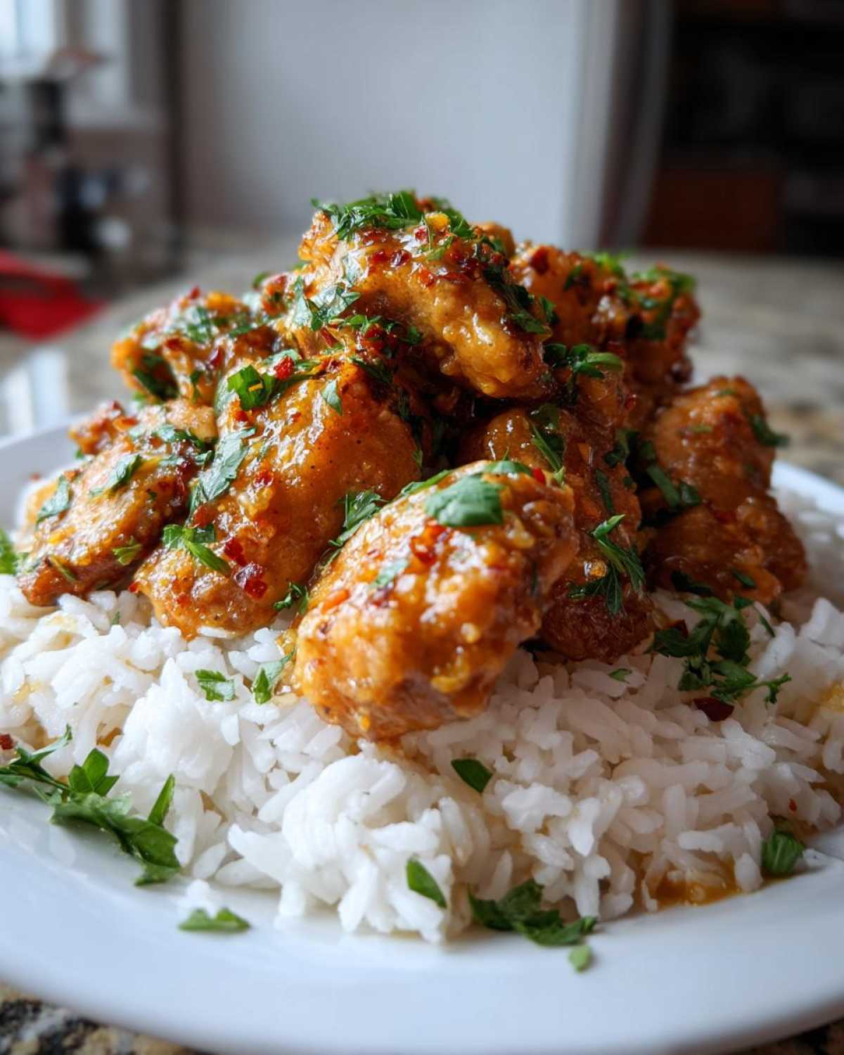 A mound of Garlic Butter Chicken Bites glazed in sauce and topped with parsley, served over fluffy white rice.