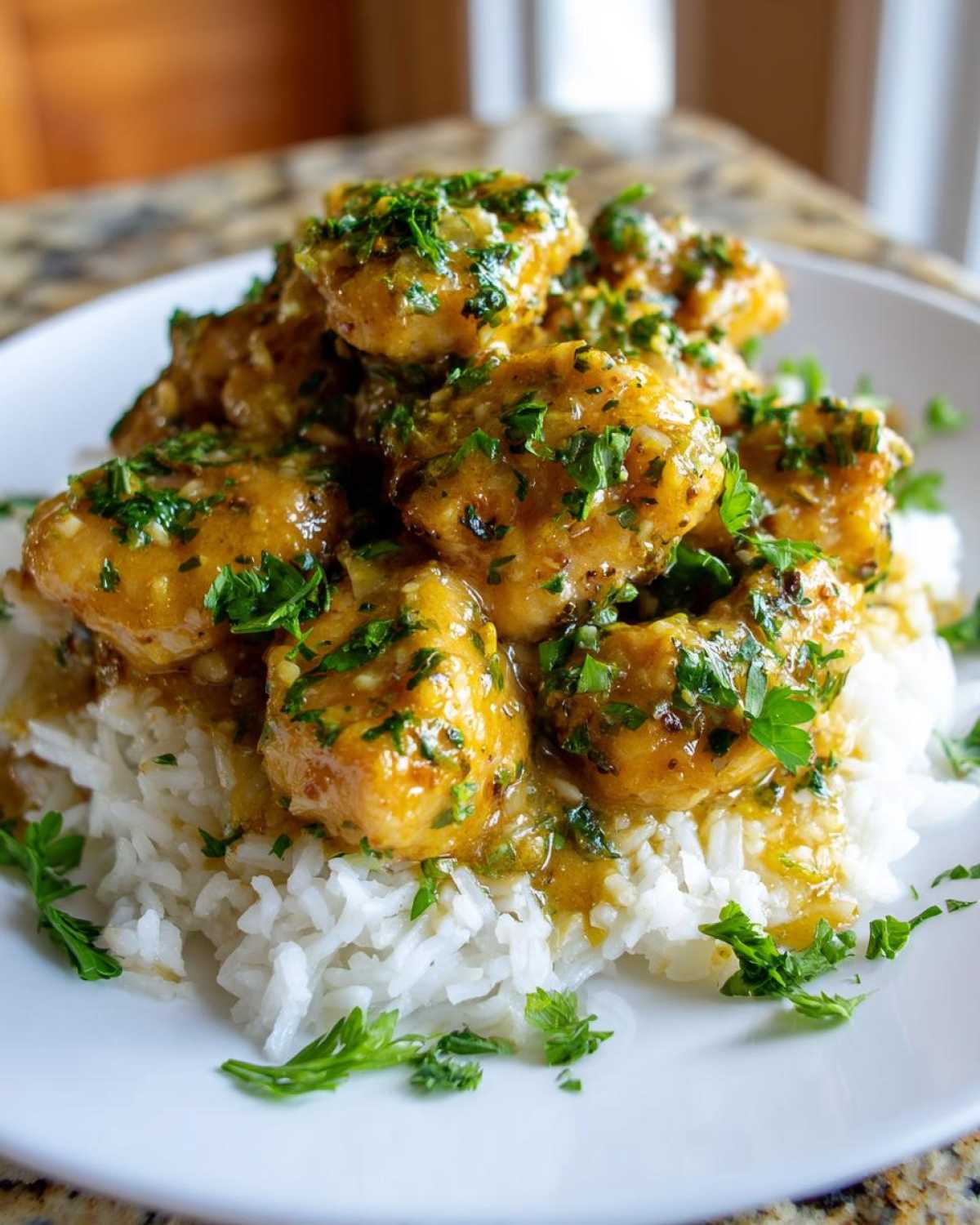 Close-up of Garlic Butter Chicken Bites generously coated in sauce and fresh parsley, served on a bed of fluffy white rice.
