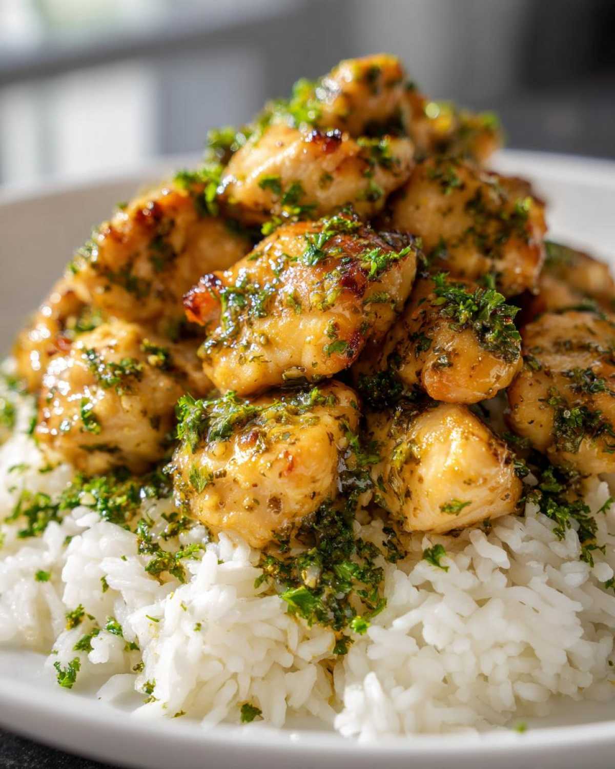 Close-up of Garlic Butter Chicken Bites piled high on a bed of fluffy white rice, drizzled with garlic butter sauce and fresh herbs.