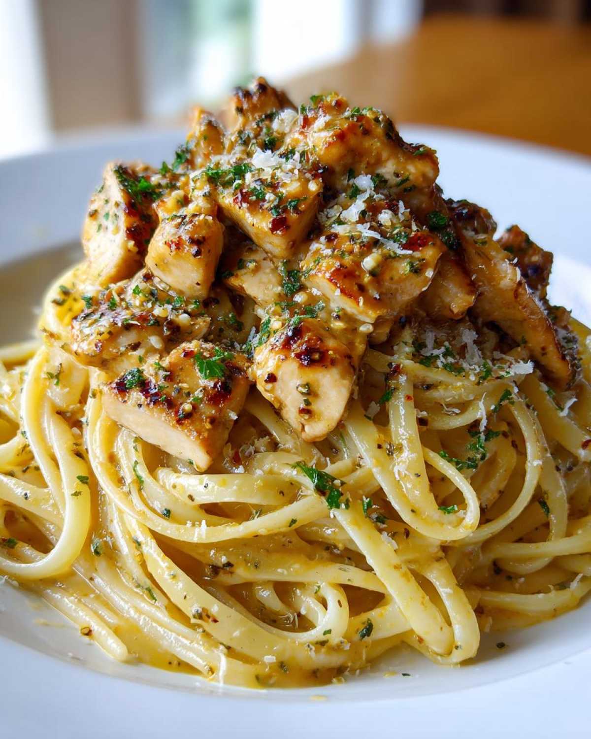 Close-up of Garlic Butter Chicken Pasta with Parmesan, featuring linguine tossed in sauce and topped with seasoned chicken pieces.