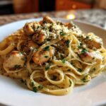 A close-up of creamy Garlic Butter Chicken Pasta with Parmesan, topped with fresh parsley and chicken pieces.
