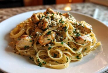 A close-up of creamy Garlic Butter Chicken Pasta with Parmesan, topped with fresh parsley and chicken pieces.