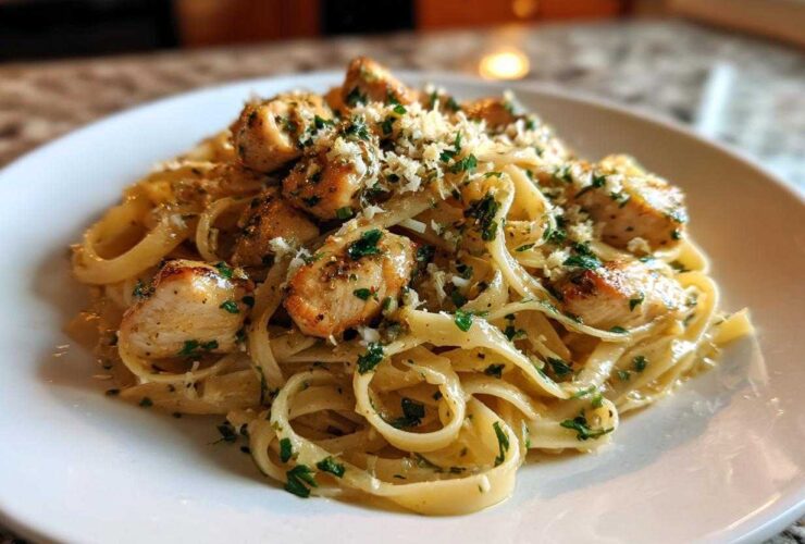 A close-up of creamy Garlic Butter Chicken Pasta with Parmesan, topped with fresh parsley and chicken pieces.