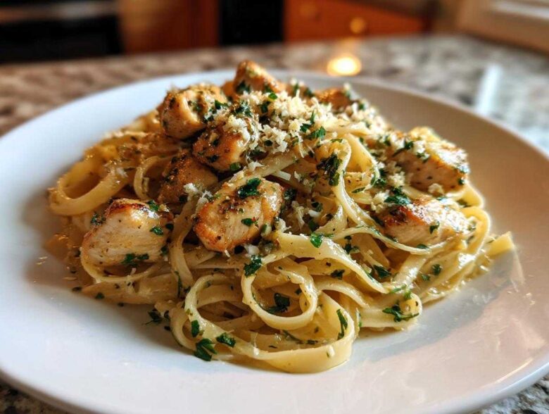 A close-up of creamy Garlic Butter Chicken Pasta with Parmesan, topped with fresh parsley and chicken pieces.
