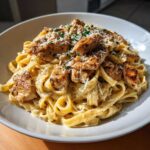 Close-up of creamy Garlic Butter Chicken Pasta with Parmesan, topped with herbs and grated cheese.