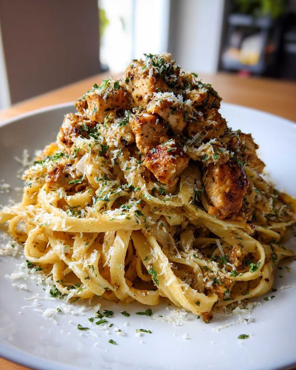 A tall serving of Garlic Butter Chicken Pasta with Parmesan, topped with seasoned chicken pieces and fresh parsley.