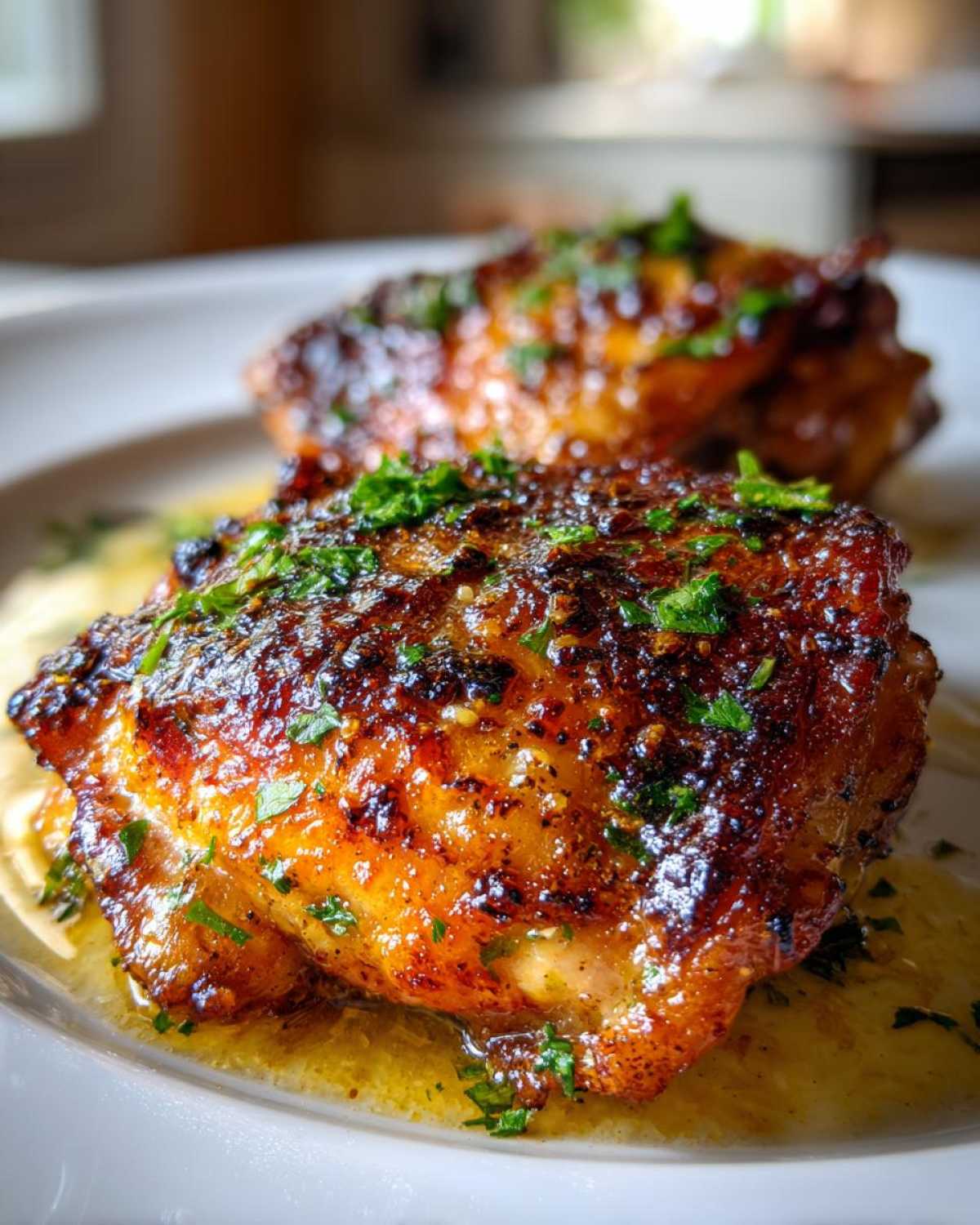 Close-up of two perfectly cooked Garlic Butter Chicken Thighs with crispy, browned skin resting in garlic butter sauce and topped with fresh parsley.