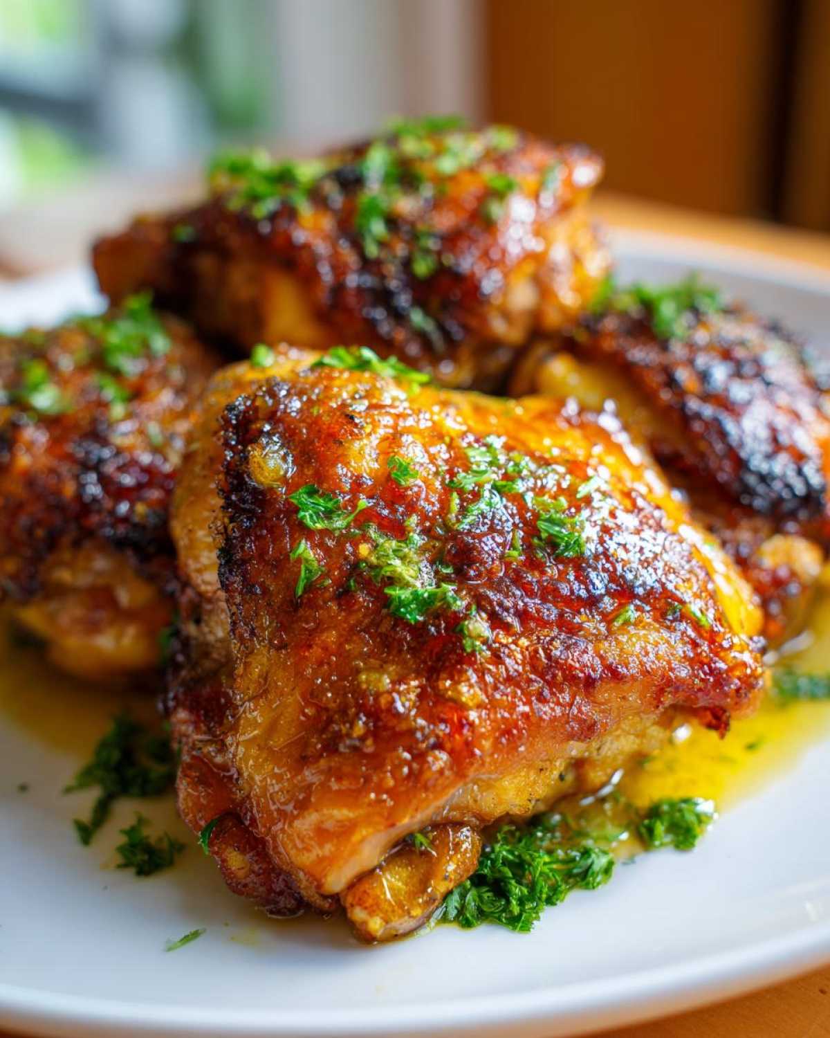 Close-up of juicy Garlic Butter Chicken Thighs with crispy, browned skin, garnished with fresh parsley.