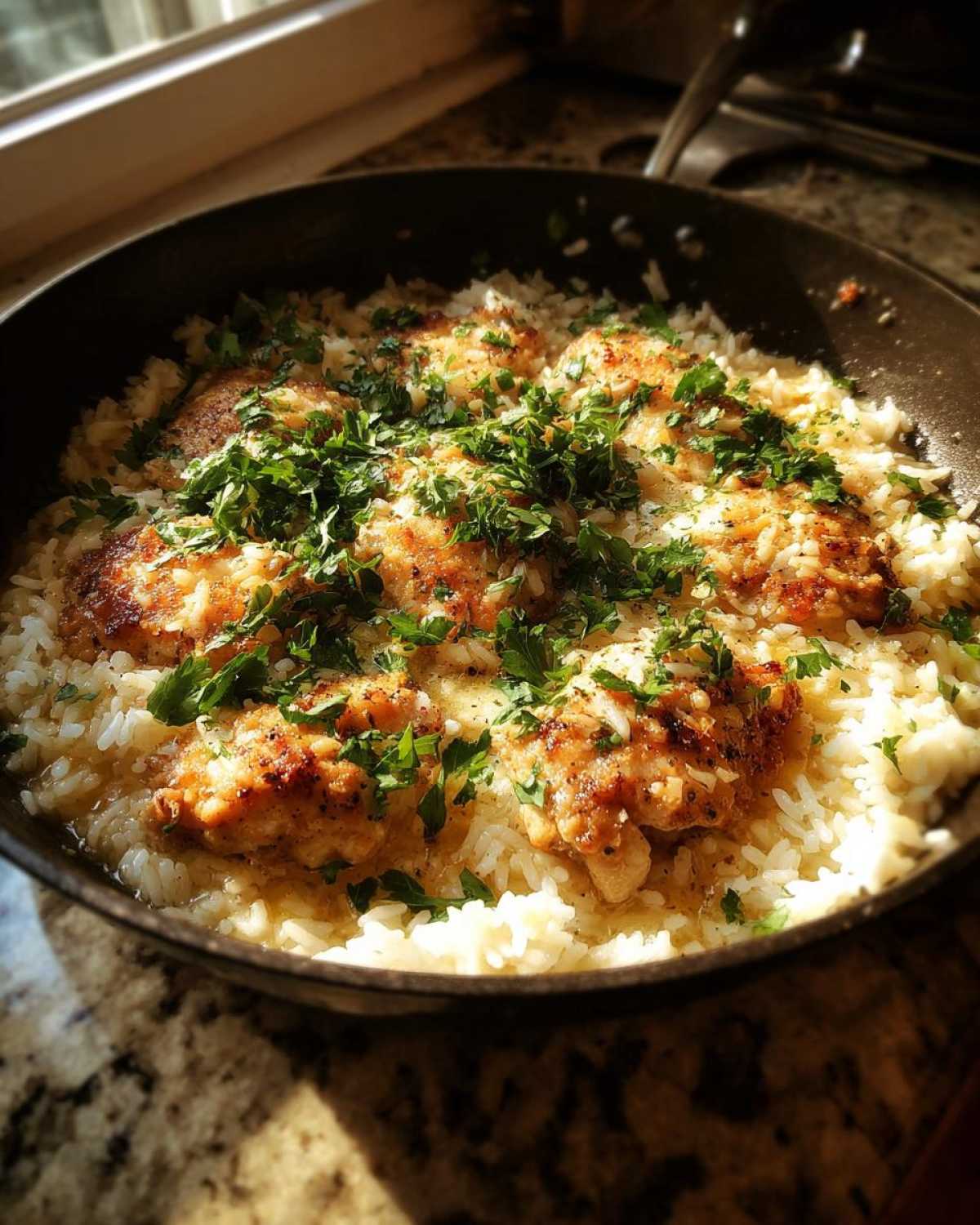 A close-up of Garlic Butter Rice with Chicken Skillet, featuring browned chicken pieces nestled in creamy rice and topped with fresh parsley.