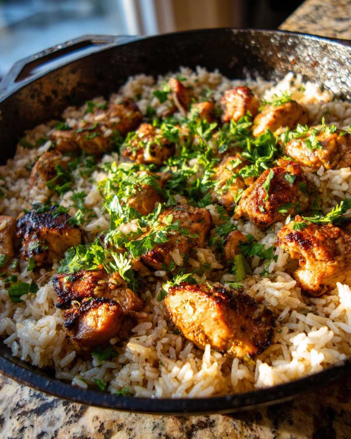 Close-up of Garlic Butter Rice with Chicken Skillet, featuring browned chicken pieces over seasoned rice, topped with fresh parsley.