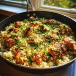 Close-up of Garlic Butter Rice with Chicken Skillet, topped generously with fresh chopped parsley.