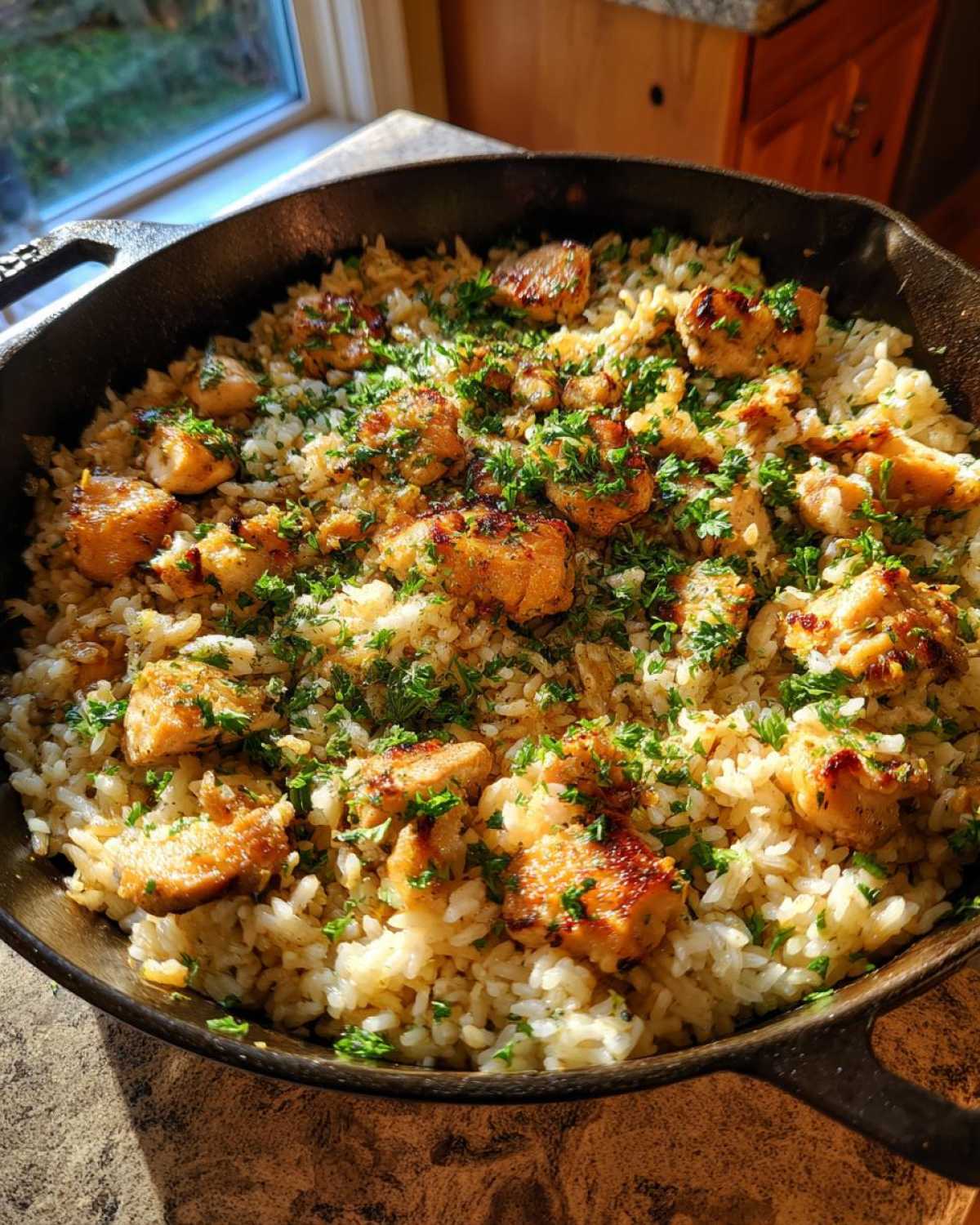 Close-up of Garlic Butter Rice with Chicken Skillet, topped with browned chicken pieces and fresh parsley.