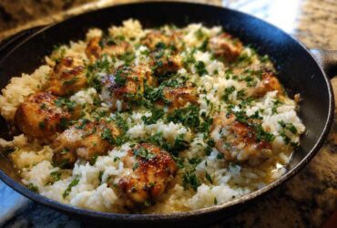 Close-up of Garlic Butter Rice with Chicken Skillet, featuring browned chicken pieces nestled in buttery rice and topped with fresh parsley.